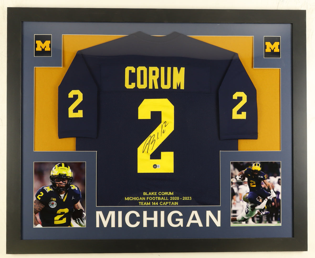 Blake Corum Signed Custom Framed Career Highlight Jersey Display (Beckett)